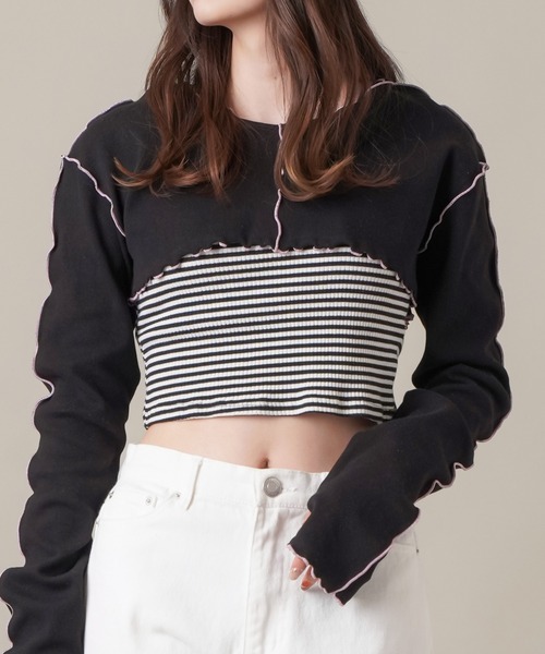 SPINNS（スピンズ）の「【前後ろ2WAY仕様】スーパーショート丈 メローカットソー（Tシャツ/カットソー・レディース・オートミール/チャコール/ブラック・ONESIZE）」の17枚目の写真