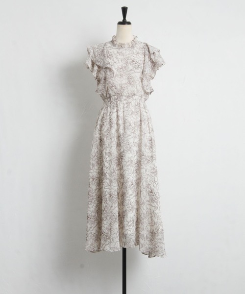 tocco closet（トッコ　クローゼット）の「プチフリルネックラッフルフリルスリーブフラワープリントワンピース（ワンピース・レディース・ブラック/アイボリー・M）」の6枚目の写真