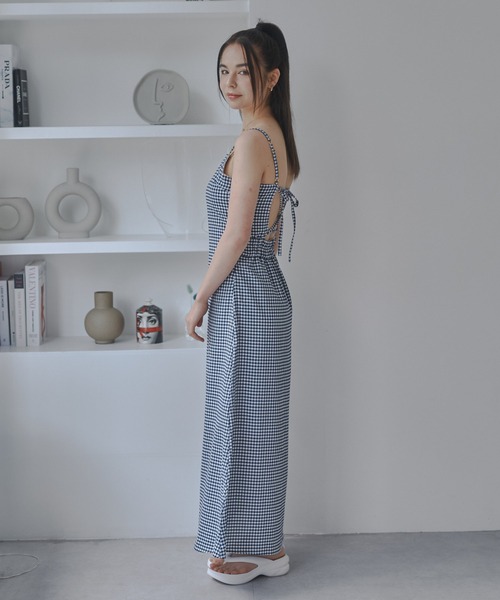 バックレースアップフレアスリーブギンガムチェックワンピース　ネイビー トッコクローゼット tocco closet バックレースアップフレア