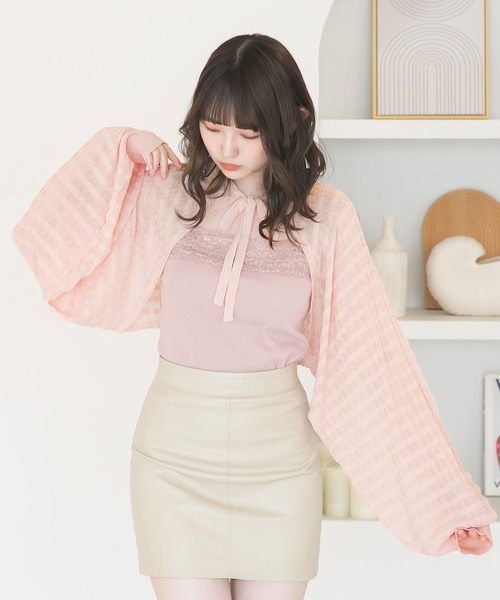 moulis'(ムーリス)の「シアーチェックボレロカーデ(カーディガン/ボレロ・レディース・ベビーピンク/ブラック/ブルー/ホワイト・M-L/LL~3L)」の2枚目の写真