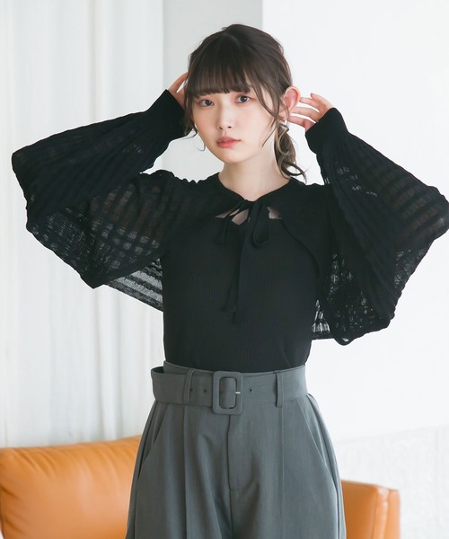 moulis'(ムーリス)の「シアーチェックボレロカーデ(カーディガン/ボレロ・レディース・ベビーピンク/ブラック/ブルー/ホワイト・M-L/LL~3L)」の3枚目の写真