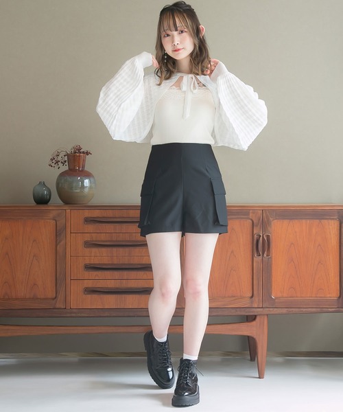 moulis'(ムーリス)の「シアーチェックボレロカーデ(カーディガン/ボレロ・レディース・ベビーピンク/ブラック/ブルー/ホワイト・M-L/LL~3L)」の10枚目の写真