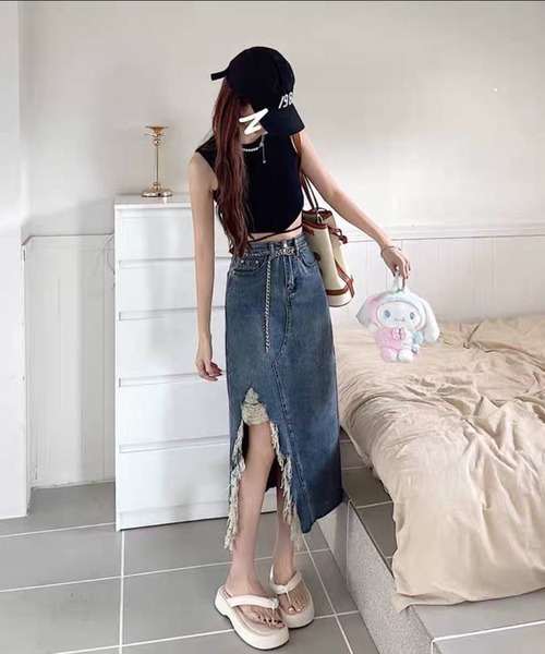 pumpkin port（パンプキンポート）の「ダメージスリット デニムスカート（デニムスカート・レディース・ブルー・MEDIUM/LARGE/SMALL）」の6枚目の写真