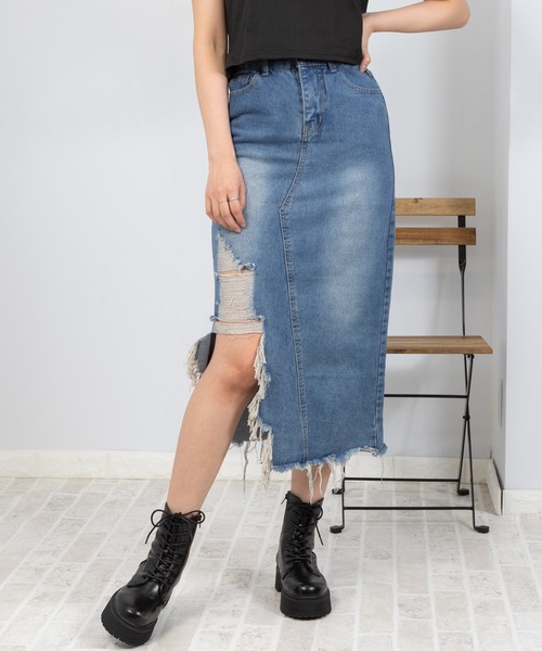 pumpkin port（パンプキンポート）の「ダメージスリット デニムスカート（デニムスカート・レディース・ブルー・MEDIUM/LARGE/SMALL）」の8枚目の写真