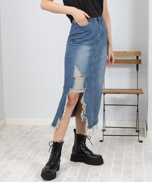 pumpkin port（パンプキンポート）の「ダメージスリット デニムスカート（デニムスカート・レディース・ブルー・MEDIUM/LARGE/SMALL）」の10枚目の写真