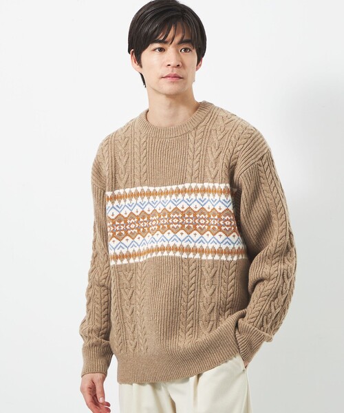 green label relaxing（グリーンレーベルリラクシング）の「アラン ジャカード クルーネック ニット（ニット/セーター・メンズ・ベージュ/レッド/オフホワイト・L/S/M/XL）」の3枚目の写真