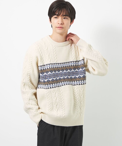 green label relaxing（グリーンレーベルリラクシング）の「アラン ジャカード クルーネック ニット（ニット/セーター・メンズ・ベージュ/レッド/オフホワイト・L/S/M/XL）」の2枚目の写真