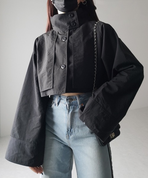 me+em select（ミームセレクト）の「【 ２WAY 】ワイドスリーブスタンドカラーナイロンショートトレンチコート（トレンチコート・レディース・グレイッシュベージュ/ブラック・FREE）」の12枚目の写真