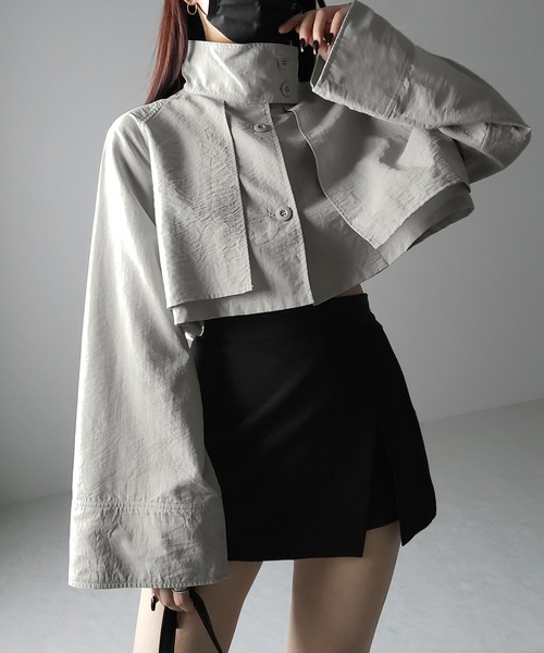 me+em select（ミームセレクト）の「【 ２WAY 】ワイドスリーブスタンドカラーナイロンショートトレンチコート（トレンチコート・レディース・グレイッシュベージュ/ブラック・FREE）」の22枚目の写真