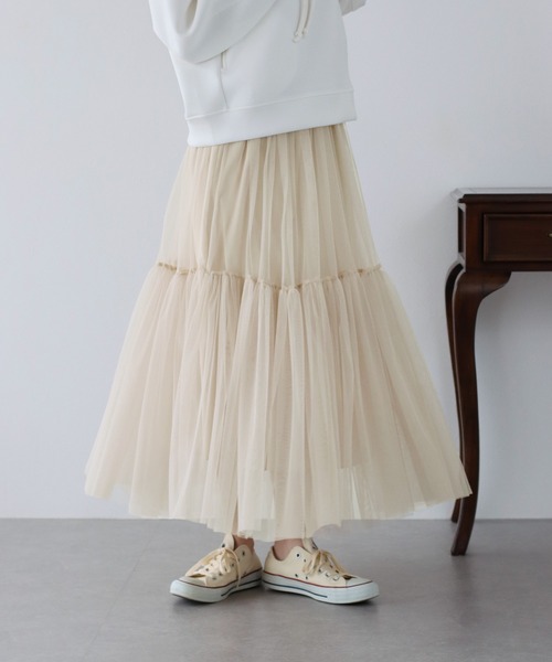 BLUEEAST（ブルーイースト）の「チュールティアードスカート（スカート・レディース・ベージュ/ブラック/ブルーグレー/ピンクベージュ/チャコールグレー・MEDIUM）」の4枚目の写真