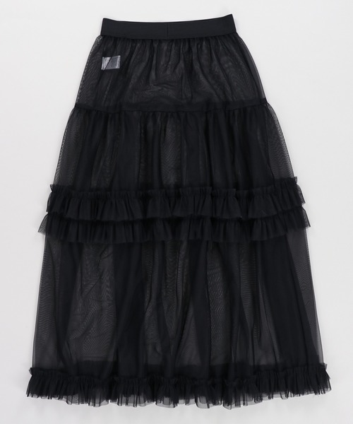 SPINNS（スピンズ）の「透けチュールティアードロングスカート