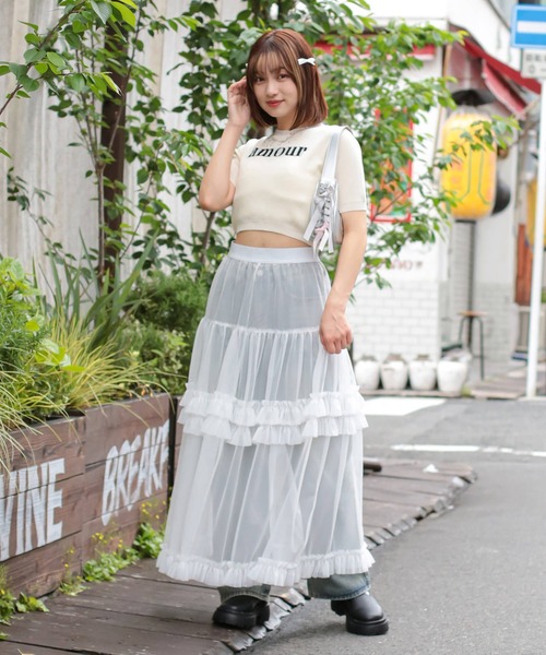SPINNS（スピンズ）の「透けチュールティアードロングスカート