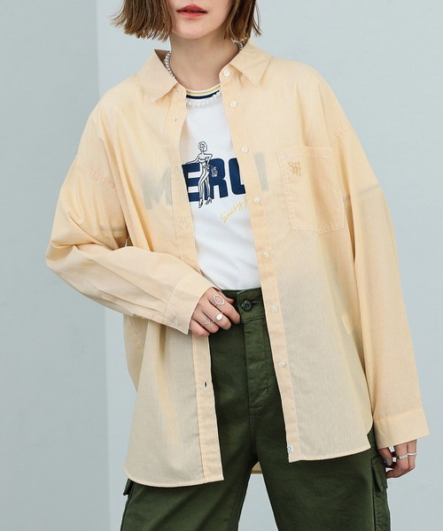 SOMETHING(サムシング)の「SOMETHING/サムシング ストライプ長袖シャツ(シャツ/ブラウス・レディース・イエロー/オレンジ/ブルー・FREE)」の7枚目の写真