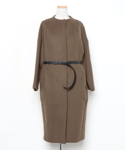 エレンディーク ELENDEEK ノーカラーコート カーキ ベルト付き ロング