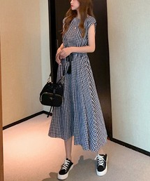 フレンチスリーブ ハイウエスト ボリュームワンピース
