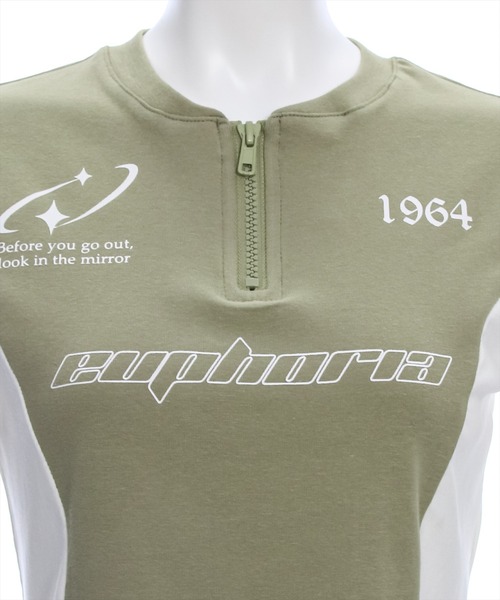 clear（クリア）の「ハーフジッププリント配色カットソートップス［韓国ファッション ショート丈 ゲームシャツ］≪再入荷≫（Tシャツ/カットソー・レディース・カーキ/ブラック/グレー・F）」の4枚目の写真