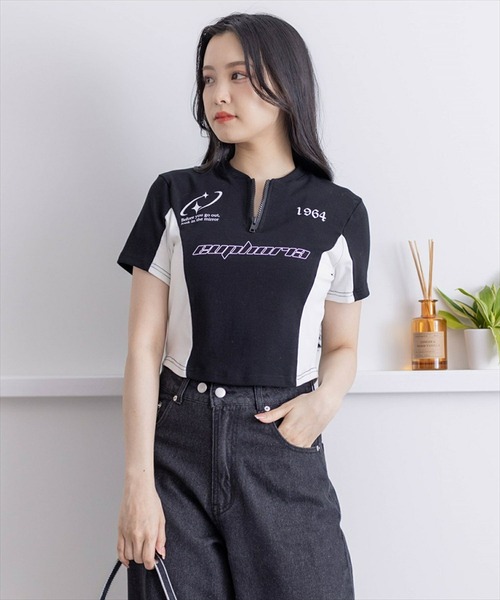 clear（クリア）の「ハーフジッププリント配色カットソートップス［韓国ファッション ショート丈 ゲームシャツ］≪再入荷≫（Tシャツ/カットソー・レディース・カーキ/ブラック/グレー・F）」の11枚目の写真