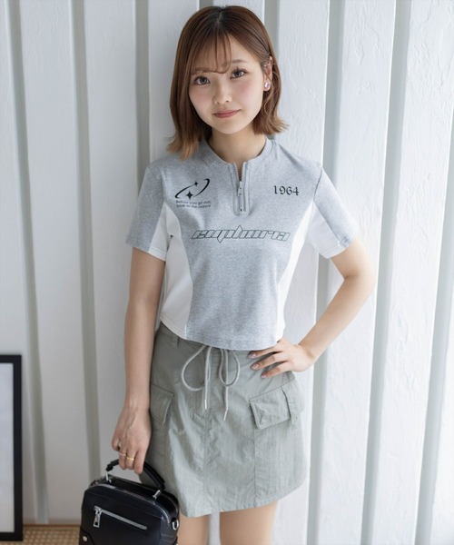 clear（クリア）の「ハーフジッププリント配色カットソートップス［韓国ファッション ショート丈 ゲームシャツ］≪再入荷≫（Tシャツ/カットソー・レディース・カーキ/ブラック/グレー・F）」の13枚目の写真