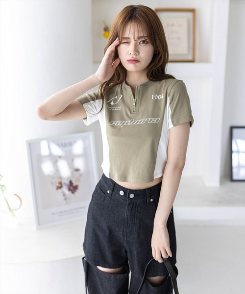 clear（クリア）の「ハーフジッププリント配色カットソートップス［韓国ファッション ショート丈 ゲームシャツ］≪再入荷≫（Tシャツ/カットソー・レディース・カーキ/ブラック/グレー・F）」の15枚目の写真