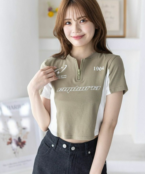 clear（クリア）の「ハーフジッププリント配色カットソートップス［韓国ファッション ショート丈 ゲームシャツ］≪再入荷≫（Tシャツ/カットソー・レディース・カーキ/ブラック/グレー・F）」の21枚目の写真