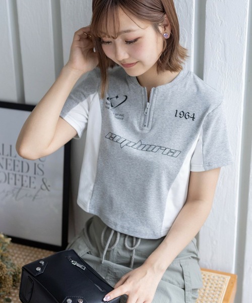 clear（クリア）の「ハーフジッププリント配色カットソートップス［韓国ファッション ショート丈 ゲームシャツ］≪再入荷≫（Tシャツ/カットソー・レディース・カーキ/ブラック/グレー・F）」の20枚目の写真