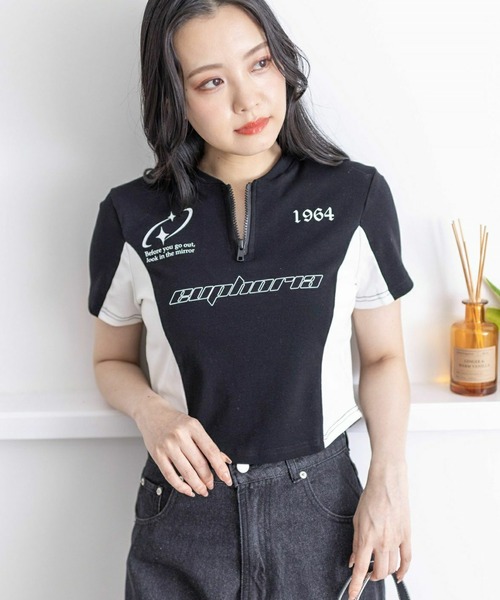 clear（クリア）の「ハーフジッププリント配色カットソートップス［韓国ファッション ショート丈 ゲームシャツ］≪再入荷≫（Tシャツ/カットソー・レディース・カーキ/ブラック/グレー・F）」の22枚目の写真