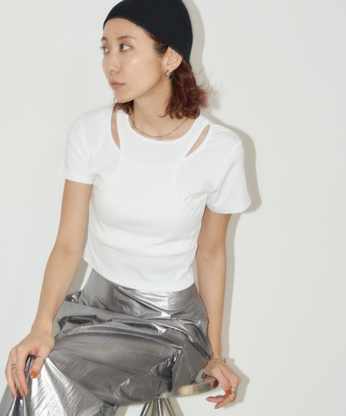 Auntie Rosa Holiday(アンティローザホリデー)の「タンクレイヤードクロップドTEE(Tシャツ/カットソー・レディース・オフホワイト/ブラック/ミント・FREE)」の2枚目の写真