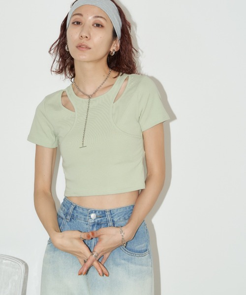 Auntie Rosa Holiday(アンティローザホリデー)の「タンクレイヤードクロップドTEE(Tシャツ/カットソー・レディース・オフホワイト/ブラック/ミント・FREE)」の5枚目の写真