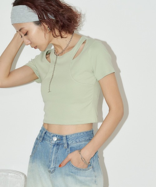 Auntie Rosa Holiday(アンティローザホリデー)の「タンクレイヤードクロップドTEE(Tシャツ/カットソー・レディース・オフホワイト/ブラック/ミント・FREE)」の4枚目の写真