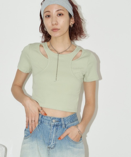 Auntie Rosa Holiday(アンティローザホリデー)の「タンクレイヤードクロップドTEE(Tシャツ/カットソー・レディース・オフホワイト/ブラック/ミント・FREE)」の7枚目の写真