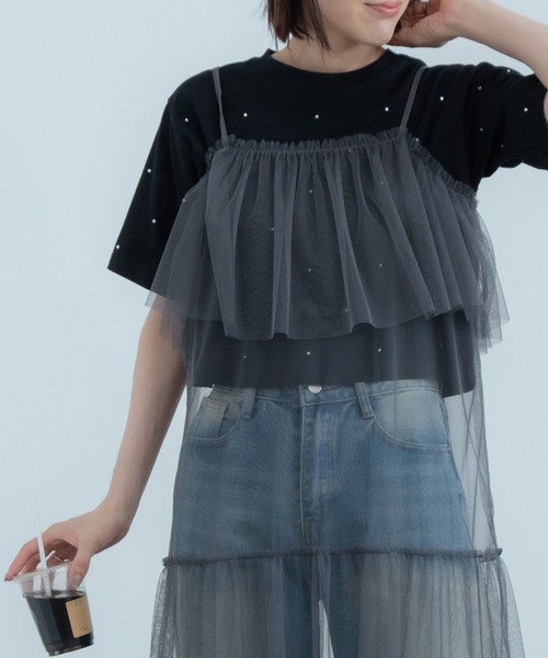 HEILIS(ヘイリス)の「ラインストーン付きクロップドTシャツ/ビジュー(Tシャツ/カットソー・レディース・ホワイト/ブラック・FREE)」の2枚目の写真
