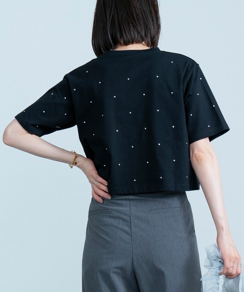 新品 ハートビジューカットソー ラインストーン付きクロップドTシャツ/ビジュー（Tシャツ