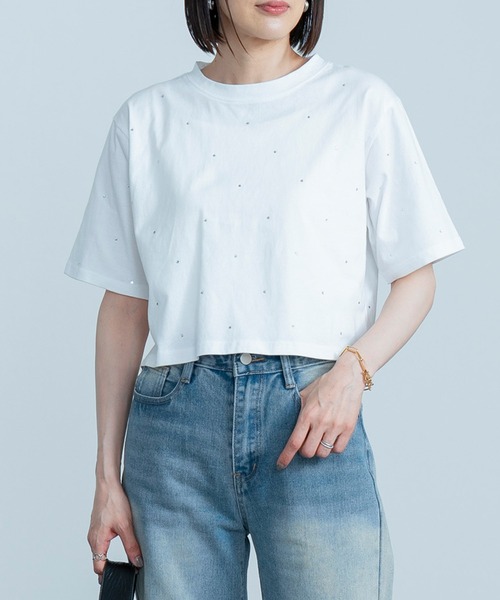 新品 ハートビジューカットソー Ω Flowerデザイン プリント柄ミニドレス フラワーデザイン Ω