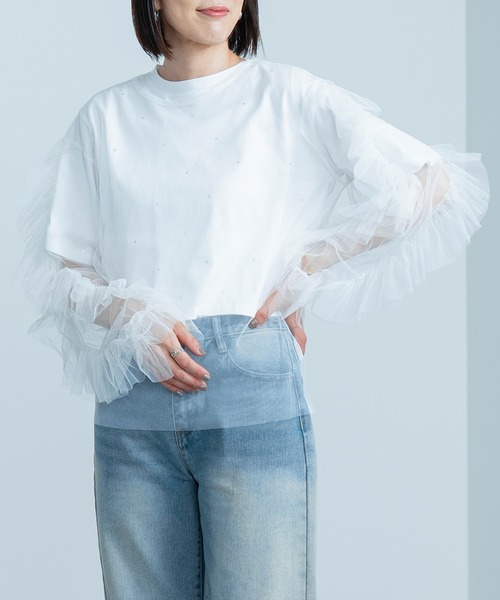 HEILIS(ヘイリス)の「ラインストーン付きクロップドTシャツ/ビジュー(Tシャツ/カットソー・レディース・ホワイト/ブラック・FREE)」の14枚目の写真
