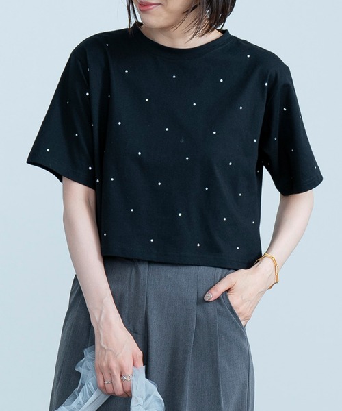 25116　ハイネック　花柄　黒　ラインストーン　ロゴ　Tシャツ　コットン　半袖 ラインストーン付きクロップドTシャツ/ビジュー（Tシャツ