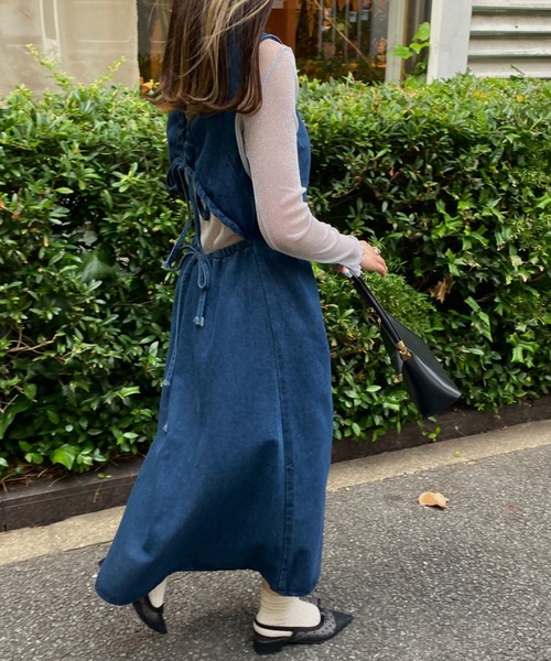 セール】バッグオープンデニムロングワンピース（ワンピース）｜MYMOOD