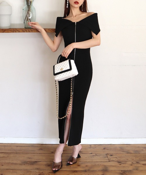 ROYAL PARTY（ロイヤルパーティー）の「【丈が選べる】ダブルZIPオフショルタイトニットワンピース（ワンピース・レディース・ブラック/ライトグレー/ピンク・SHORT/FREE）」の8枚目の写真