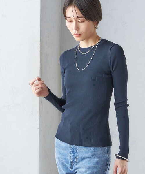 Rib クルーネックプルオーバー ネイビー　美品 SHIPS（シップス）の「〈手洗い可能〉レーヨン ポリ リブ クルーネック
