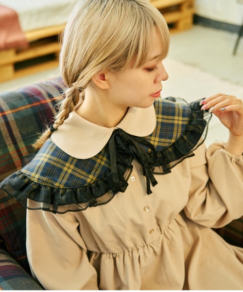 kutir（クティール）の「【クティールとレトロ】チュールドッキングチェックつけ襟（付け襟・レディース・ベージュ系その他/グリーン/レッド系その他・FREE）」の2枚目の写真