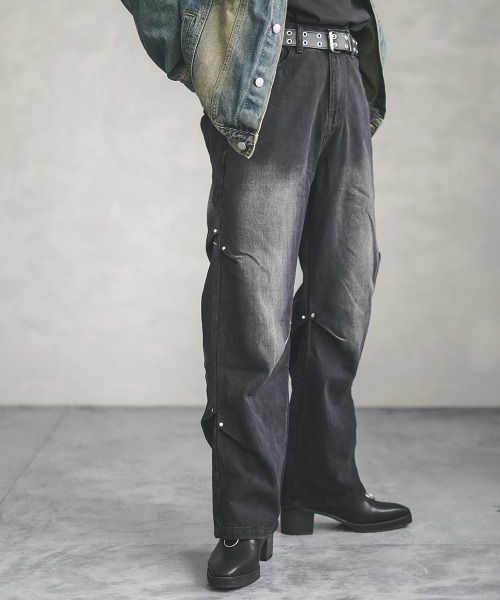 セール】Rivet side tuck vintage wash denim pants / リベットサイド