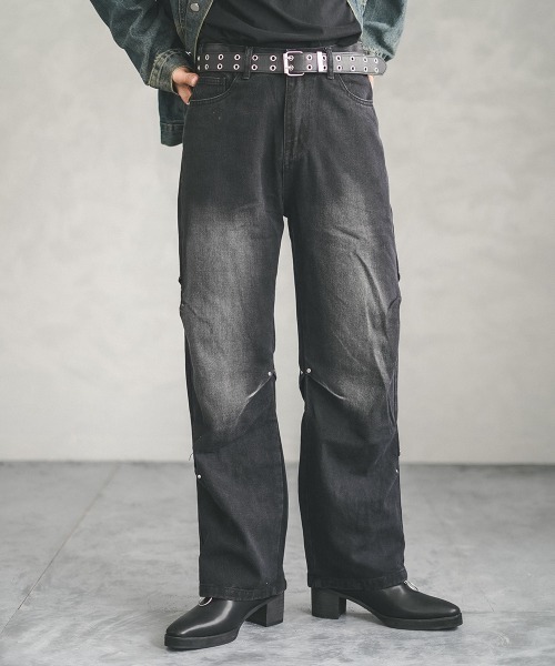 セール】Rivet side tuck vintage wash denim pants / リベットサイド