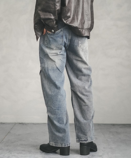 セール】Rivet side tuck vintage wash denim pants / リベットサイド