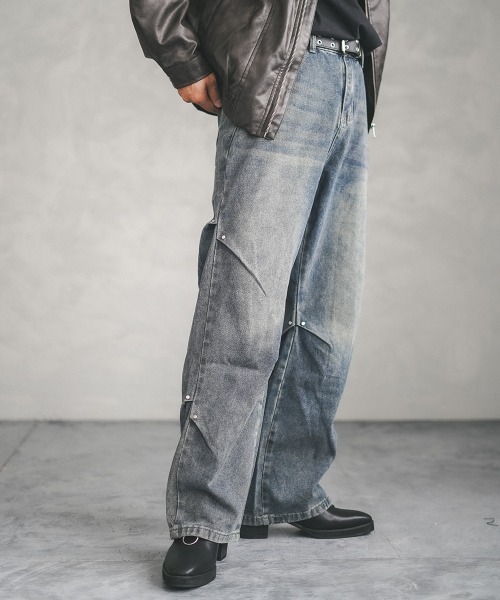 セール】Rivet side tuck vintage wash denim pants / リベット