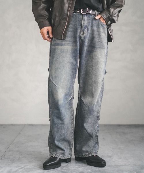 セール】Rivet side tuck vintage wash denim pants / リベットサイド