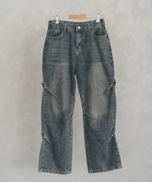 セール】Rivet side tuck vintage wash denim pants / リベットサイド