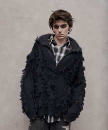 VI E DIT | Fur Docking Fringe Jacquard Knit/ファードッキングフリンジジャガードニット(ニット/セーター)