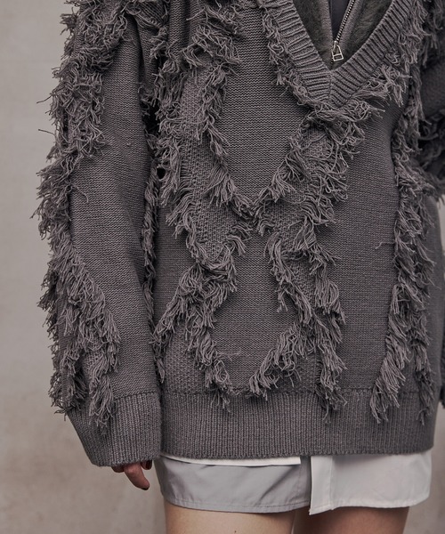 VI E DIT(ヴィエディット)の「Fur Docking Fringe Jacquard Knit/ファードッキングフリンジジャガードニット(ニット/セーター・メンズ・ブラック/グレー・1/2)」の21枚目の写真