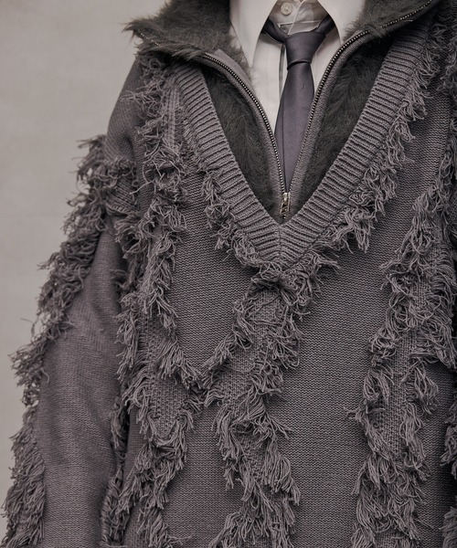 VI E DIT(ヴィエディット)の「Fur Docking Fringe Jacquard Knit/ファードッキングフリンジジャガードニット(ニット/セーター・メンズ・ブラック/グレー・1/2)」の22枚目の写真