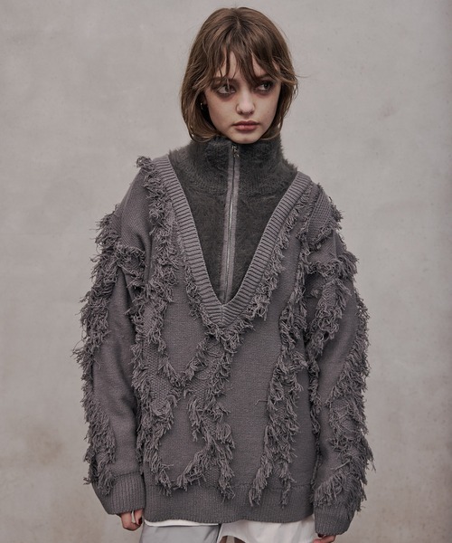 VI E DIT(ヴィエディット)の「Fur Docking Fringe Jacquard Knit/ファードッキングフリンジジャガードニット(ニット/セーター・メンズ・ブラック/グレー・1/2)」の15枚目の写真