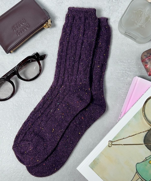 CALIFORNIA OUTFITTERS（カリフォルニア アウトフィッターズ）の「3-12C10 無地 ケーブル編 リブ編み ネップクルー靴下 クルーソックス 12色（ソックス/靴下・レディース・アイボリー/ネイビー系/グレー/パープル/ベージュ/ダークグレー/ネイビー/イエロー/ブラック/バーガンディー/グリーン/ブラウン・FREE）」の10枚目の写真